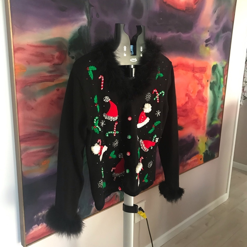 Jack B. Quick vintage marabou-trim 90s/Y2K holiday cardigan Christmas sweater M